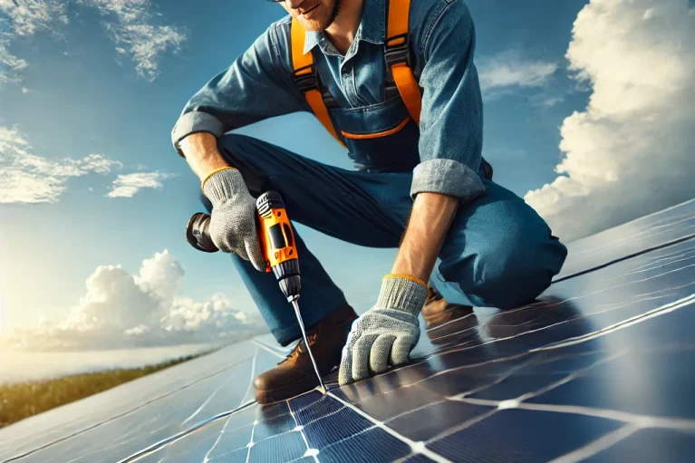 DALL·E 2025-02-16 22.16.41 - A professional solar technician wearing safety gear is performing maintenance on a large solar panel array. The technician is using specialized tools
