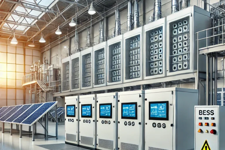 DALL·E 2025-02-16 22.19.04 - A high-quality commercial Battery Energy Storage System (BESS) setup in an industrial environment. The image features large, modern battery units hous