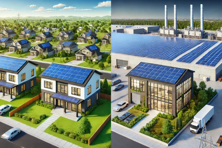 DALL·E 2025-02-16 22.20.32 - A side-by-side comparison of residential and commercial solar installations. On the left, a modern house with solar panels on the roof, set in a green