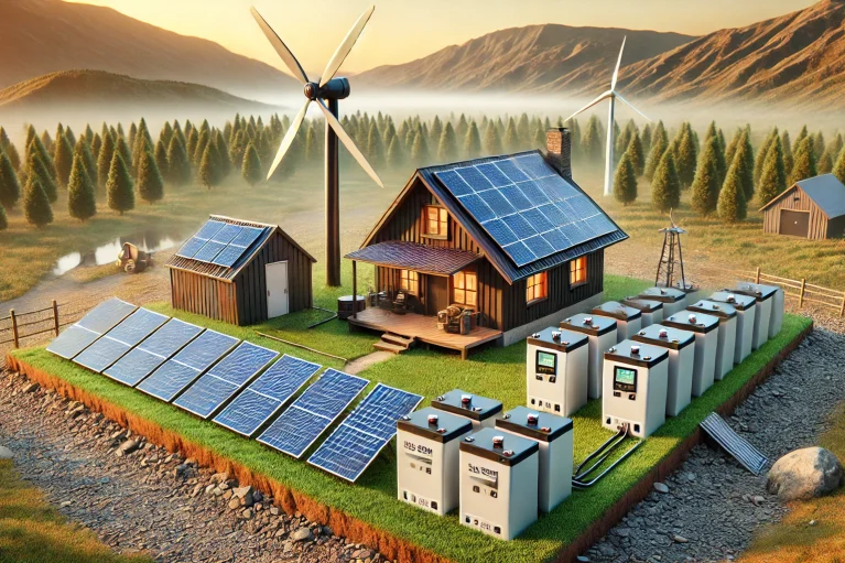 DALL·E 2025-02-18 11.37.24 - A realistic off-grid solar energy system setup in a remote location. The image features solar panels installed on the ground and a small battery stora