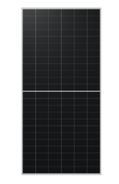 Tall black solar panel with a horizontal seam dividing it into two sections, showing a grid of rectangular cells.