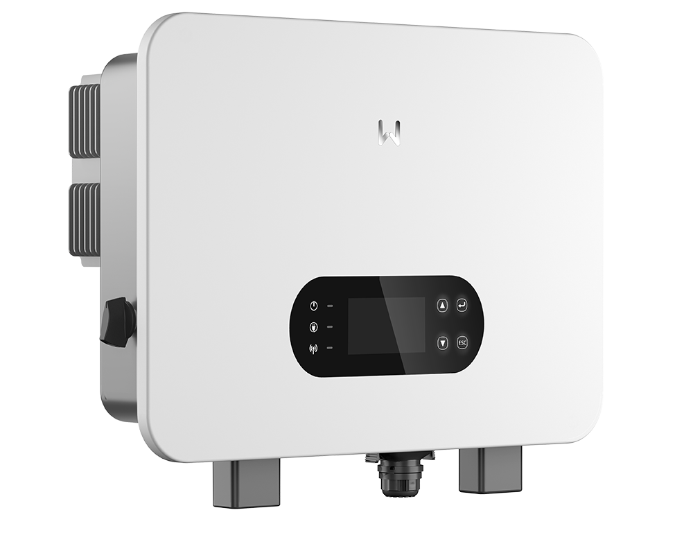 White wall-mounted inverter with a black LCD control panel on the front and side cooling vents visible; compact and sleek design.