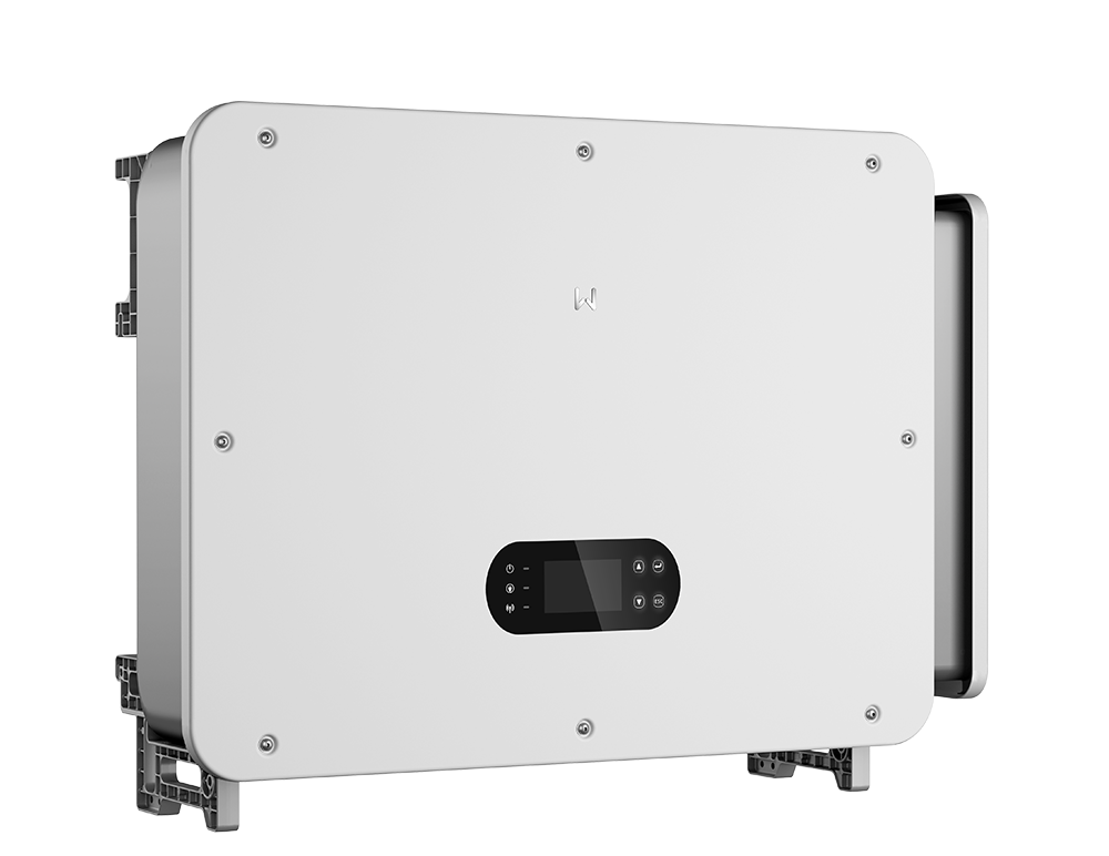 White rectangular solar inverter with rounded corners and a black, oval control panel/display on the front center, mounted on a frame edge and screws visible.