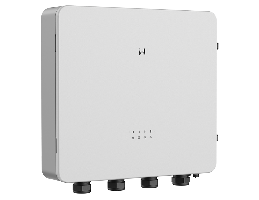 White square wall-mounted electrical controller with four bottom cable glands and small status LEDs on the front edge.