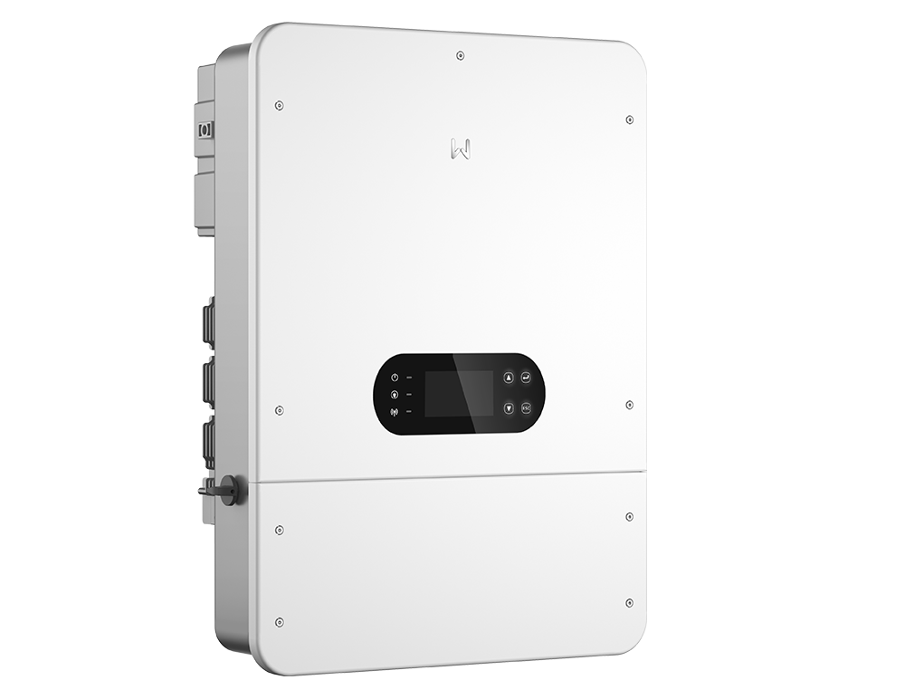 White solar inverter with a black front-panel touchscreen/display and status icons on the front panel, mounted vertically with cables on the side