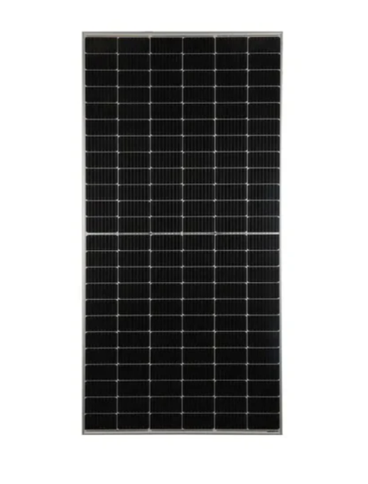 Tall black solar panel with a grid of photovoltaic cells in a silver frame.